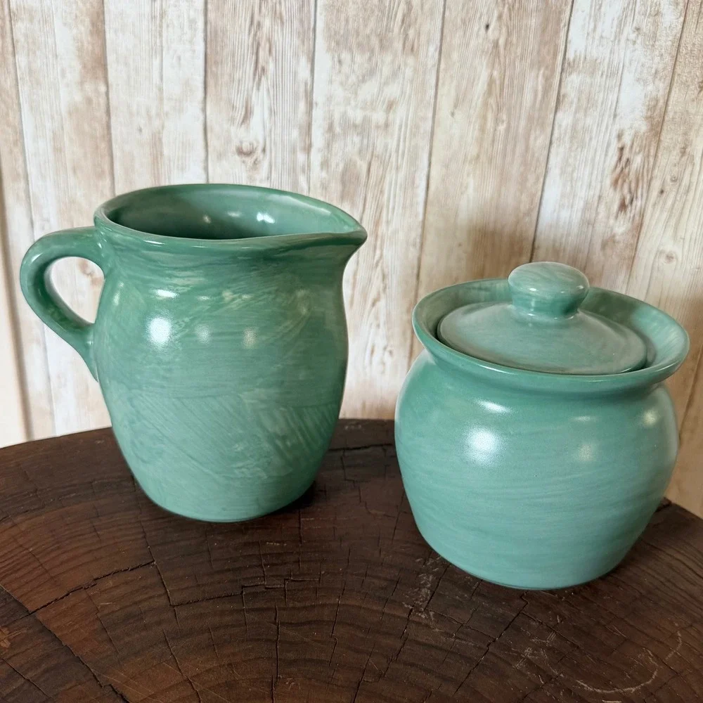 Vintage Pfaltzgraff Sage Green Creamer and Sugar Bowl Set Stoneware 5 Inch